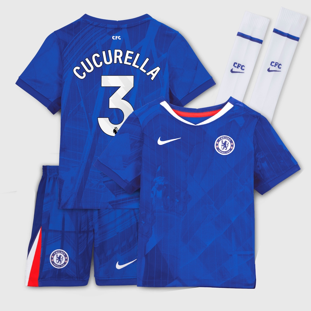 Chelsea Stores – Best Selection of chelsea nike home stadium kit 2025-26 – little youth with cucurella 3 printing Chelsea Gear